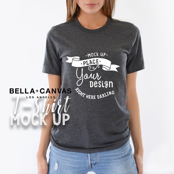 Bella Canvas 3001 Mockup, Bella Canvas 3001 Dark Grey Heather, Maquette de chemise, Maquette de modèle, Bella Canvas Mockup, T Shirt Mock Up