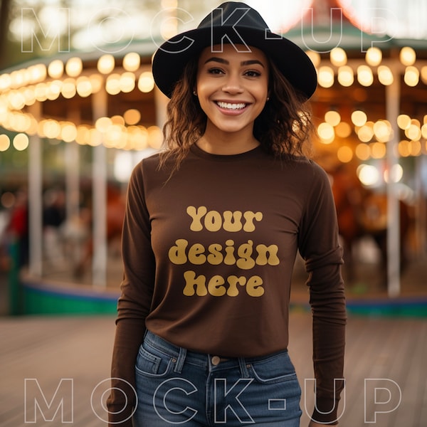 Bella Canvas 3501 Chestnut Mockup, Bella 3501 Chestnut Long Sleeve Mockup, Model Mockup, Bella Canvas Brown Mockup