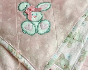 Pink Bunny Minky Blanket, Girl baby blanket, Crib sized baby blanket, Minky Baby Blanket.