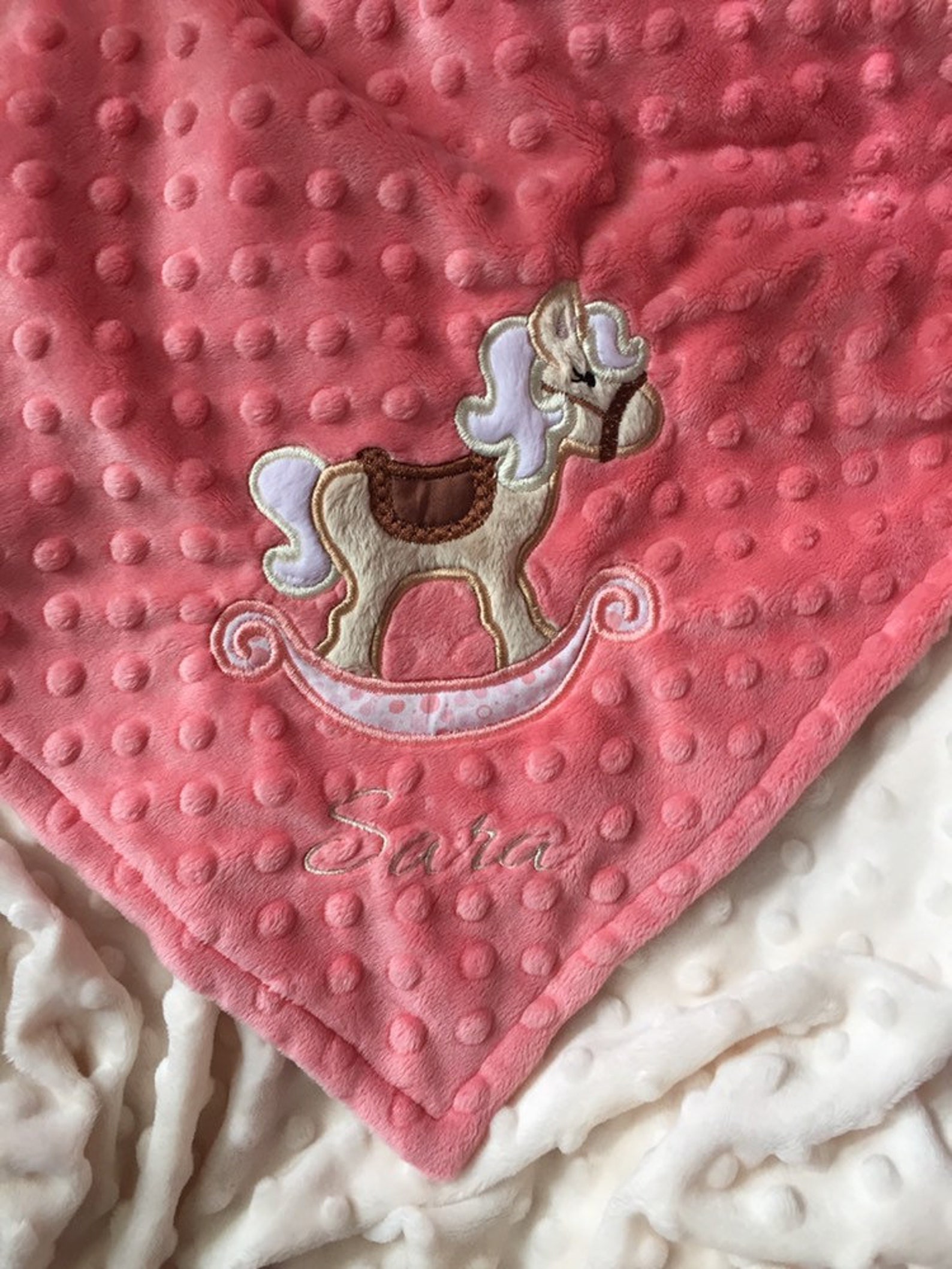 Rocking Horse Minky Baby Girl Blanket/baby Girl Blanket/coral Etsy