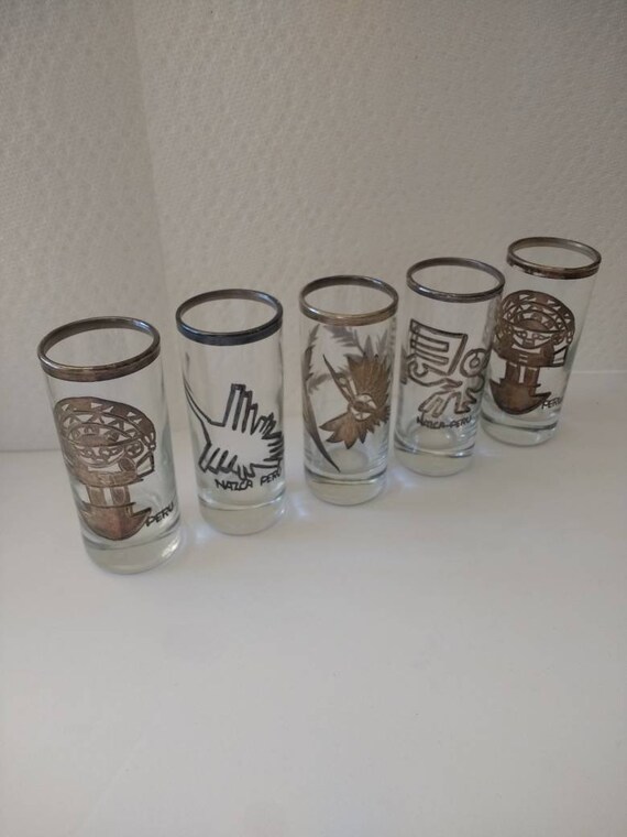 Set Of 5 Shot Glasses Made In Peru With Silver Overlay 3 75 Etsy