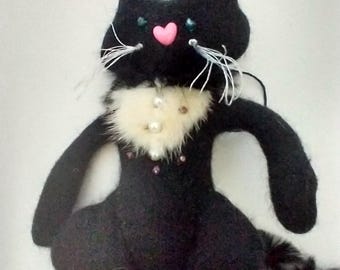 Black cat ornament kitty ooak handmade wool seasonal primitive folk style ooak hanging doll decor 6 inches new