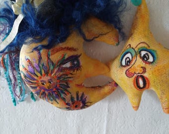 Halloween Moon Star ornament handpainted seasonal primitive stile folk art decor hanging wall kitchen decor collectibles unique gifts new