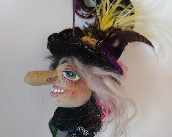 Halloween witch head ornament handpainted seasonal primitive stile folk art decor hanging wall kitchen decor collectibles unique gifts new