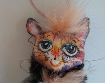 Kitty cat ornament ooak handmade wool seasonal primitive folk style grey soft toy hanging doll decor 6 inches new