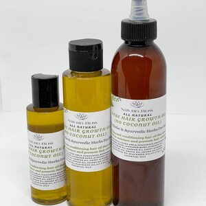 May include: Three amber glass bottles with black caps and labels. The bottles contain hair growth oil with Ayurvedic herbs. The labels read "All Natural Hair Growth Oil (No Coconut Oil)" and list ingredients including Amla, Fenugreek, Lavender Buds, Avocado Oil, and Blackseed Oil.