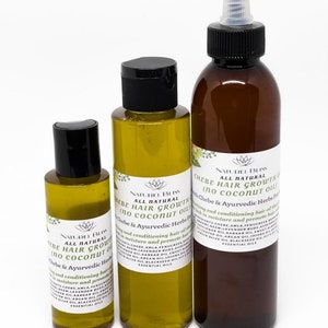 May include: Three amber glass bottles with black lids and labels. The bottles contain hair growth oil. The labels read "Naturel Bliss All Natural Chebe Hair Growth (no coconut oil) Chebe & Ayurvedic Herbs For Hair Growth".