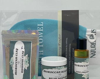 Moroccan Hammam Bath Kit, Black Soap, Argan Oil, Ghassoul Clay