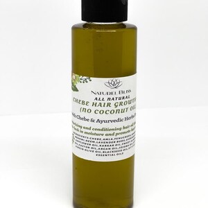 May include: A clear glass bottle with a black cap filled with a green liquid. The bottle label reads "Naturel Bliss All Natural Chebe Hair Growth (no coconut oil) with Chebe & Ayurvedic Herbs Formula" and lists ingredients including chebe, amla, fenugreek, brahmi, neem, lavender buds, avocado oil, castor oil, argan oil, jojoba oil, safflower oil, karkar oil, sweet almond oil, virgin olive oil, blackseed oil, vitamin E, and essential oils.