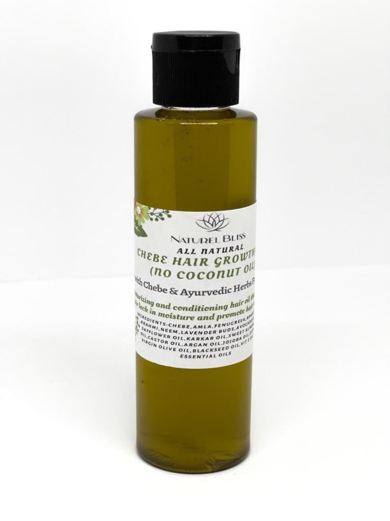 May include: A clear glass bottle with a black cap filled with a green liquid. The bottle label reads "Naturel Bliss All Natural Chebe Hair Growth (no coconut oil) with Chebe & Ayurvedic Herbs Formula" and lists ingredients including chebe, amla, fenugreek, brahmi, neem, lavender buds, avocado oil, castor oil, argan oil, jojoba oil, safflower oil, karkar oil, sweet almond oil, virgin olive oil, blackseed oil, vitamin E, and essential oils.