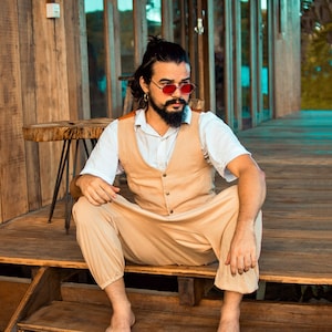 Goa Leather Vest - Linen Vest - Leather - Rustic, Cotton, Hippie, Psytrance, Elf, Dwarf