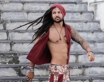 Handmade Linen Hooded Vest: Rustic Goa Samurai Style