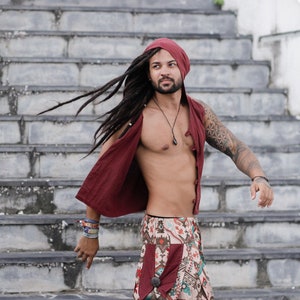 Colete Goa - Colete Samurai - Colete de Linho - Rústico, Algodão, Hippie, Psytrance, Elfo, Anão - Capuz Pontudo