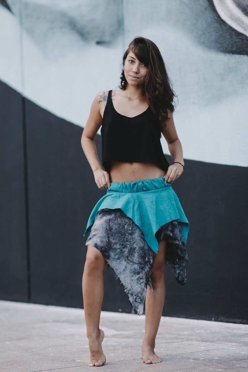 Silk Goa Skirt Elf Handmade Boho Fairy Suede Gypsy Pointy Skirt Psytrance Hippie Cotton