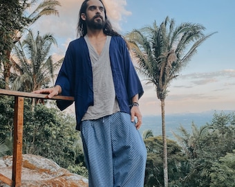 Samurai Kimono  - Azul Escuro - Viscose - Rustic, Cotton, Hippie, Psytrance, Elf, Dwarf - Zazen - Buddha - Arabian
