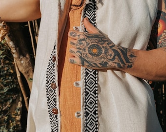 Witcher Vest: Raw Linen Hooded Vest with Tribal Ribbon