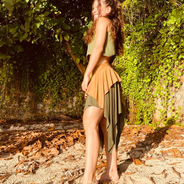 ジプシーポインテッドスカート - ゴア - 妖精 - エルフ - 魔女 - ボヘミアン - ハンドメイド、コットン、ヒッピー、サイケトランス、スエード、フォレスト