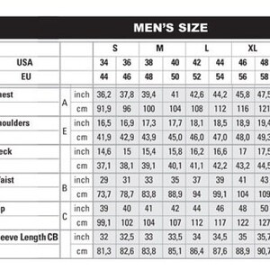 May include: Men's size chart with measurements in inches and centimeters. Includes chest, shoulder, neck, waist, hip, and sleeve length measurements for sizes S to XXXL. A diagram of a person is on the left.