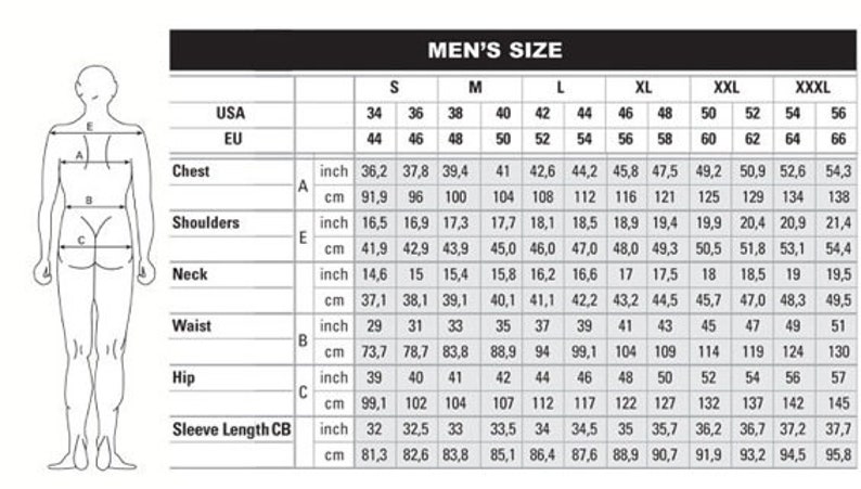 May include: Men's size chart with measurements in inches and centimeters. Includes chest, shoulder, neck, waist, hip, and sleeve length measurements for sizes S to XXXL. A diagram of a person is on the left.