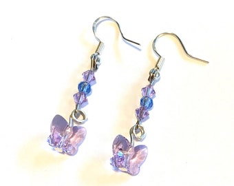 Purple & Blue Swarovski Butterfly Dangle Earrings