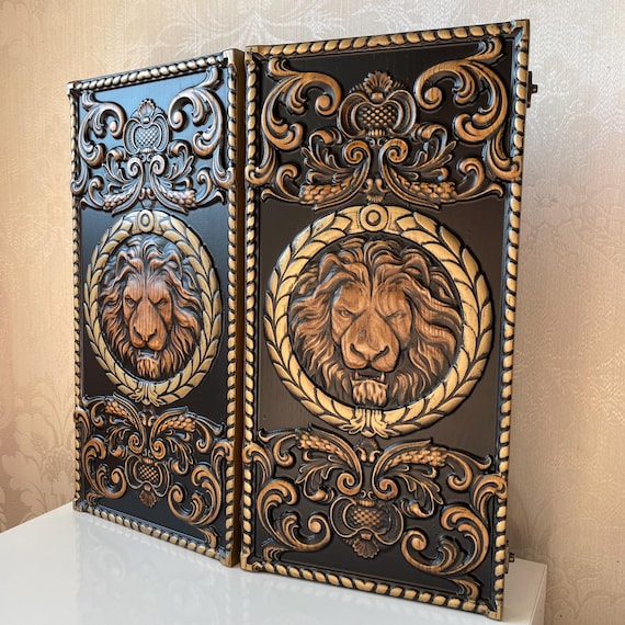 3D Premium WOODEN BACKGAMMON Set Handcrafted Handmade Game New Board, Carved, Lion