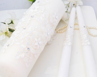 Wedding Unity Candle Set, Lace Wedding Candles, Unity Candles, Pillar Candles, Taper Candles, 3pcs