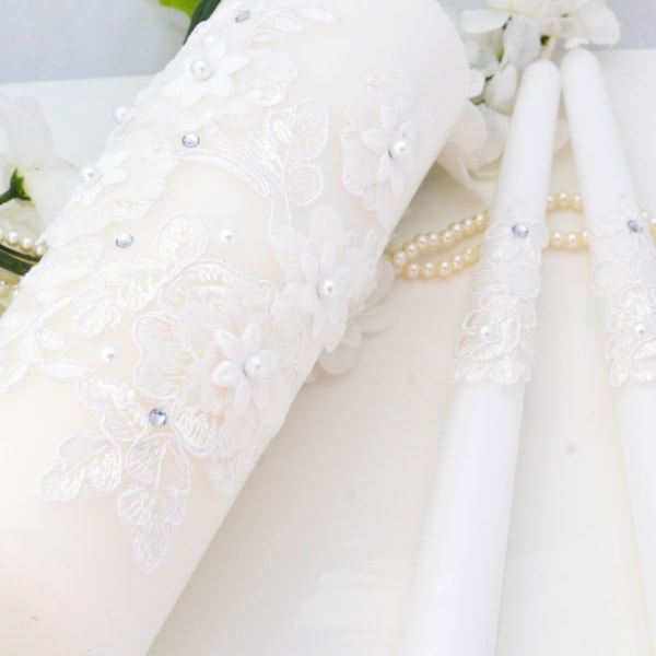 Wedding Unity Candle Set, Lace Wedding Candles, Unity Candles, Pillar Candles, Taper Candles, 3pcs