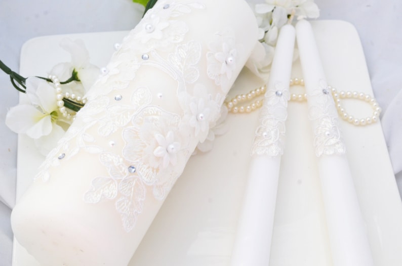 Wedding Unity Candle Set, Lace Wedding Candles, Unity Candles, Pillar Candles, Taper Candles, 3pcs Both