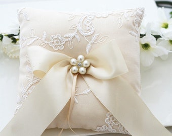 Champagne Wedding Ring Pillow, Ring Bearer Pillow, Wedding Pillow, Wedding Ring Pillow, Ring Bearer, Satin Lace Ring Pillow, Ring Cushion