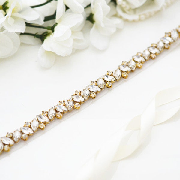 Gold Bridal Belt, Bridal Sash Belt, Skinny Belt, Bridal Belt, Wedding Belt, Bridal Wedding Belt, Sash Belt, Crystal Wedding Belt