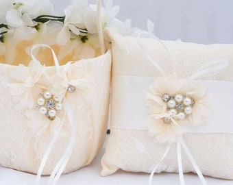 Flower Girl Basket, Ring Bearer Pillow, Pillow Basket Set, Wedding Basket, Wedding Pillow, Flower girl basket set