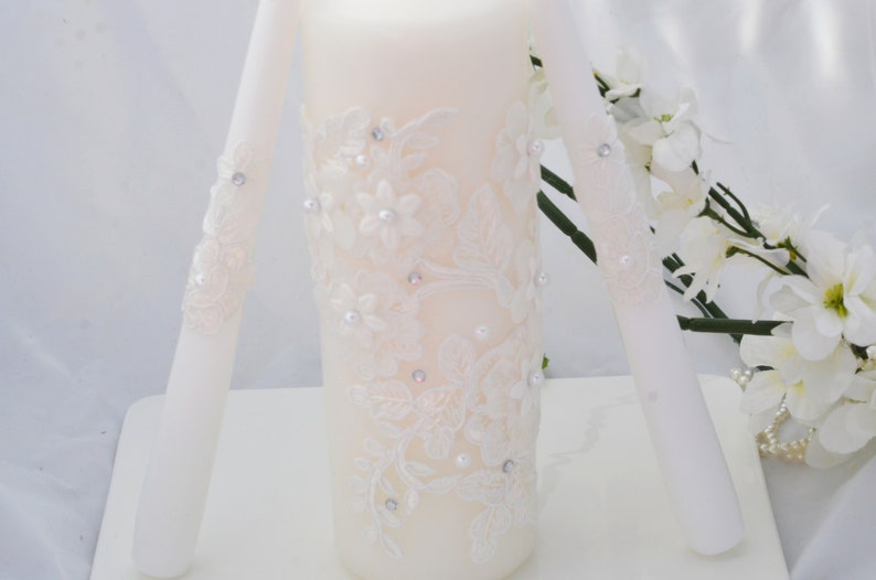 Wedding Unity Candle Set, Lace Wedding Candles, Unity Candles, Pillar Candles, Taper Candles, 3pcs image 4