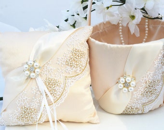 Champagne Ring Bearer Pillow, Flower Girl Basket, Pillow Basket Set, Wedding Basket, Wedding Pillow, Flower Girl Basket Set