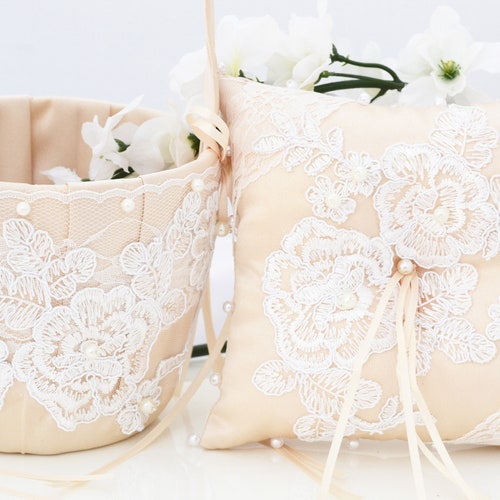 Ivory Flower Girl Basket and Ring Bearer Pillow Set Ivory Etsy