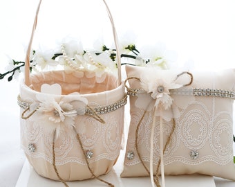 Ring Bearer Pillow, Flower Girl Basket, Pillow Basket Set, Wedding Basket, Wedding Pillow, Flower Girl Basket Set