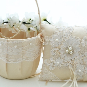 Champagne Ring Bearer Pillow, Flower Girl Basket, Pillow Basket Set, Wedding Basket, Wedding Pillow, Petals Basket, Flower Girl Basket Set