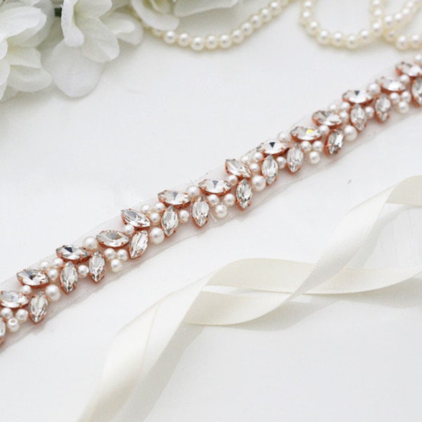 Rose Gold Bridal Belt, Bridal Sash Belt, Skinny Belt, Bridal Belt, Wedding Belt, Bridal Wedding Belt, Sash Belt, Crystal Wedding Belt