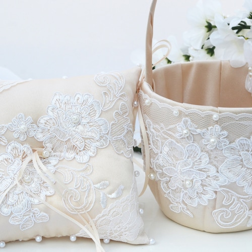 Ivory Flower Girl Basket and Ring Bearer Pillow Set Ivory Etsy