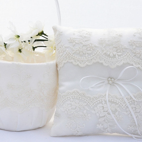 Flower Girl Basket White Ring Bearer Pillow Flower Girl Gift Etsy