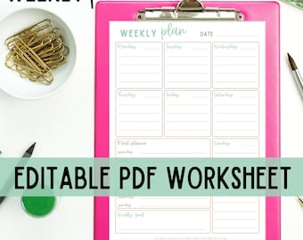 WEKELIJKSE Planner afdrukbare pagina - bewerkbare PDF-weekplanner, Plan uw week, Weekplanner PDF-sjabloon / Wekelijkse takenlijst Wekelijks schema
