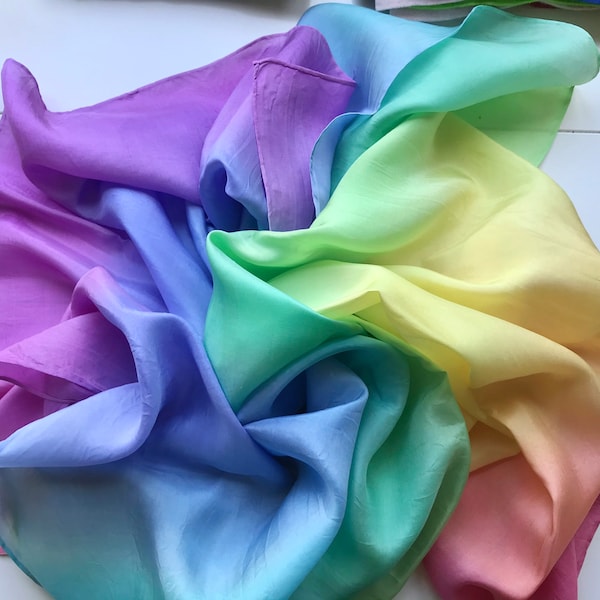 Play silk, rainbow hand painted pure silk scarf, baby wrap.