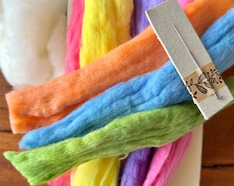 Needle felting kit, including foam mat, hand dyed fleece and excellent quality German felting needle.