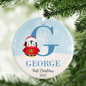 Personalised First Christmas Decoration Acrylic Ornament, Christmas Penguin Keepsake With Initial, Gift for Girl Boy, Hanging Bauble