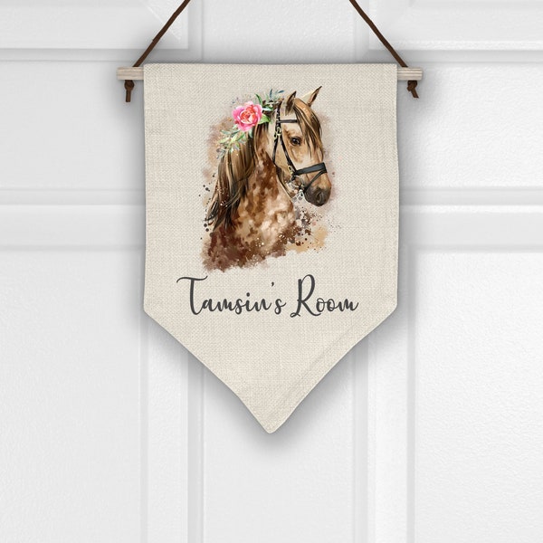 Personalised Door Hanger Flag, Horse Pennant Flag, Kids Door Linen Flag, Horse Decor, Wall Decor, Personalised Keepsake, Horse Lover Gift