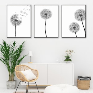 Dandelion Print, Dandelion Wall Art, Botanical Print, Black and White Botanical Art, Flower Wall Art, Home Office, Home Decor