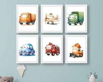 Nursery Transport Prints, Nursery Wall Art, New Baby Prints, Watercolour Car Lorry Truck Aeroplane Fire Engine Wall Art, Boys Girls Decor