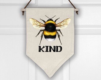 Bee Kind Pennant Flag, Linen Flag, Bumble Bee Decor, Kids Door Linen Flag Decor, Wall Decor,