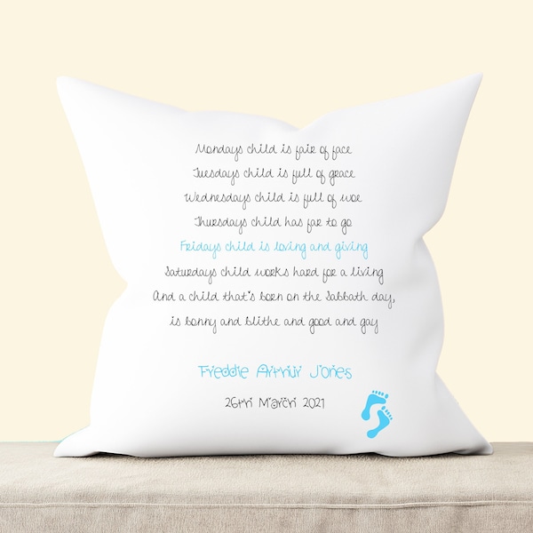 Personalised Monday's Child Nursery Cushion, Personalised Baby Christening Cushion Pillow, Nursery Decor, New Baby Gift, Monday's Child Poem