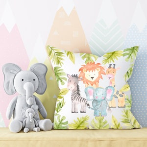 Jungle Animals Nursery Cushion , Safari Nursery Cushion , Baby Cushion , Nursery Decor , Jungle Theme , Elephant Giraffe Zebra Lion