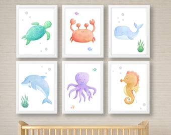 Set of Nautical Nursery Prints , Under the Sea Prints , Ocean Art , Nursery Wall Picture , New Baby Print , Watercolour Sea Prints